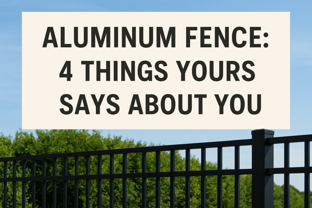 Modern black aluminum fence in front of a green yard with bold blog title text: Aluminum Fence – 4 Things Yours Says About You.