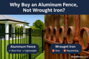 Aluminum fence vs wrought iron comparison—rust-free, lightweight aluminum contrasted with rusted iron; why aluminum is the smarter buy – GreatFence.com