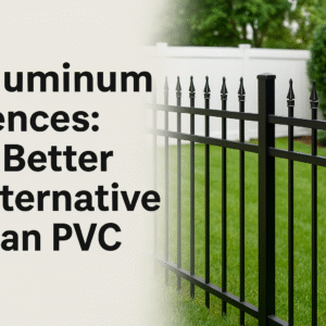 aluminum fence shown as a modern, durable alternative compared to PVC fencing