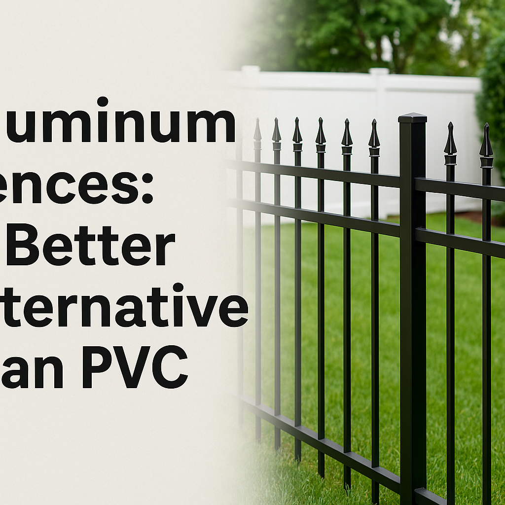 aluminum fence shown as a modern, durable alternative compared to PVC fencing
