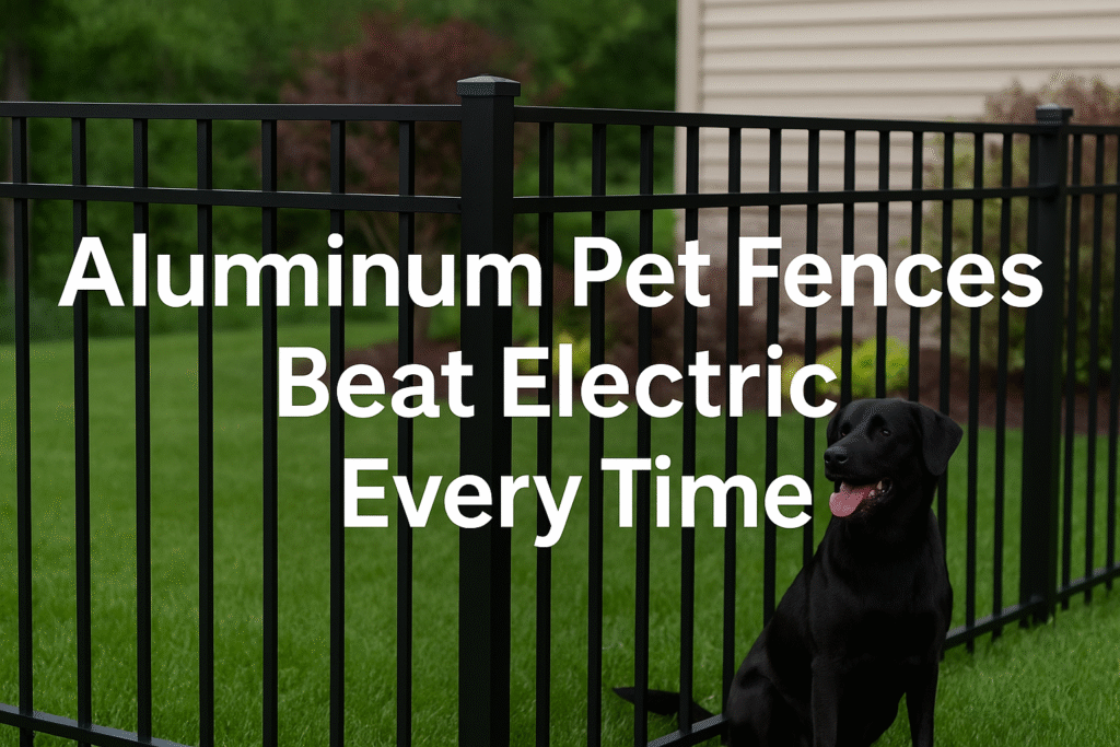 Black aluminum pet fence enclosing a backyard with a happy dog, illustrating the blog title Aluminum Pet Fences Beat Electric Every Time.