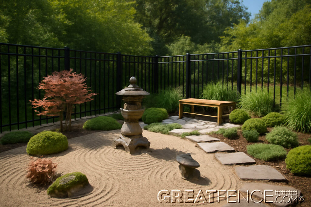 Serene Japanese-inspired Zen backyard with an aluminum fence, peaceful water features, and natural elements like wood, plants, and stones.