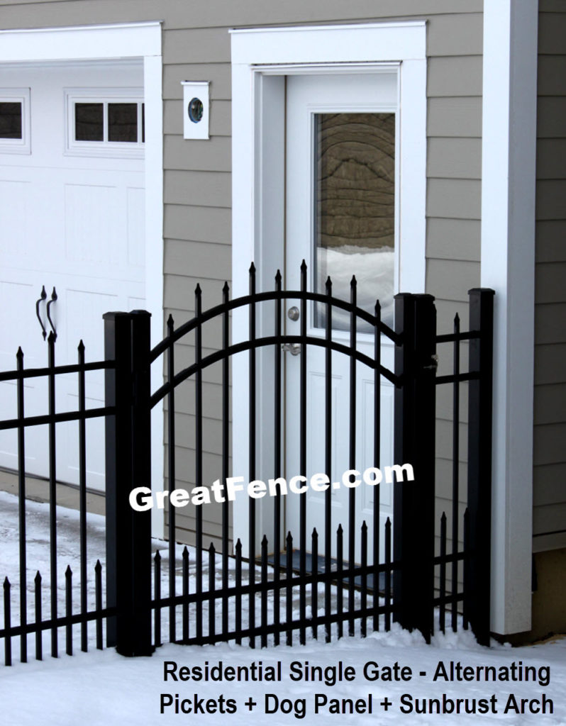 Residential Single Gate - Style 2 - Alternating Pickets + Spear Top Puppy Pickets and Sunburst Arch