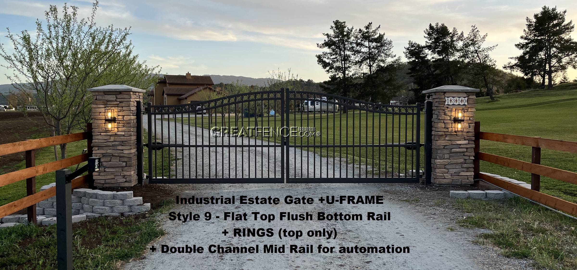 Aluminum Estate Gate with Rings and Mid Rail