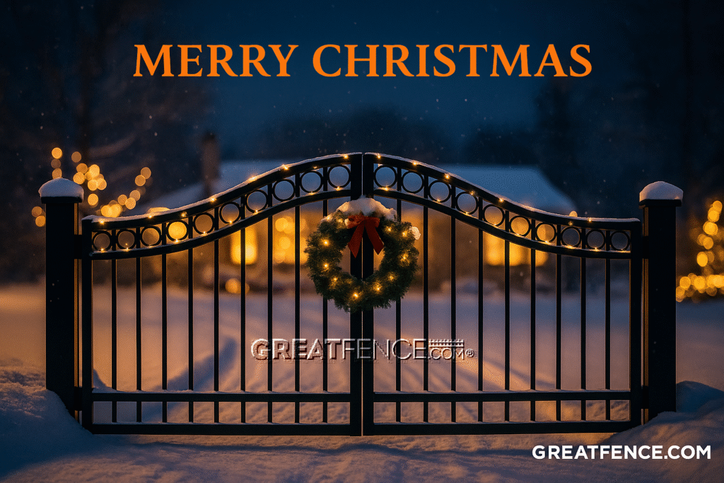 Black aluminum driveway gate with arched top and rings, decorated with a lit Christmas wreath and string lights on a snowy driveway – GreatFence.com