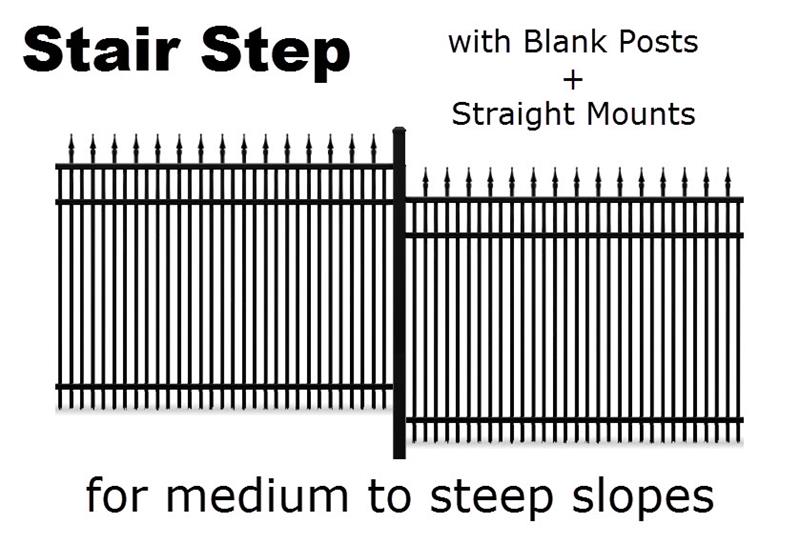 Style 8 Aluminum Fence can be stair stepped for hills and slopes