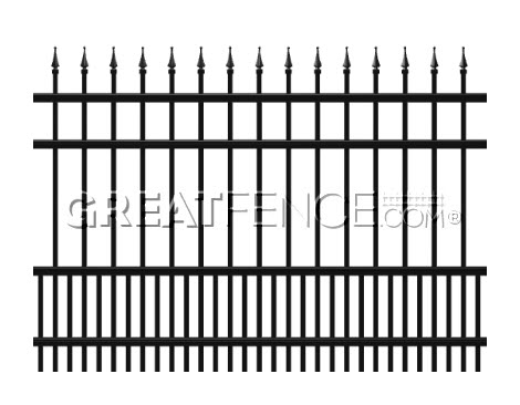 Aluminum Fence Panel with Quad Finials and flat top puppy pickets