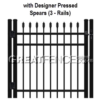 Aluminum Single Gate - Style 1 with designer pressed spears - 3 Rails