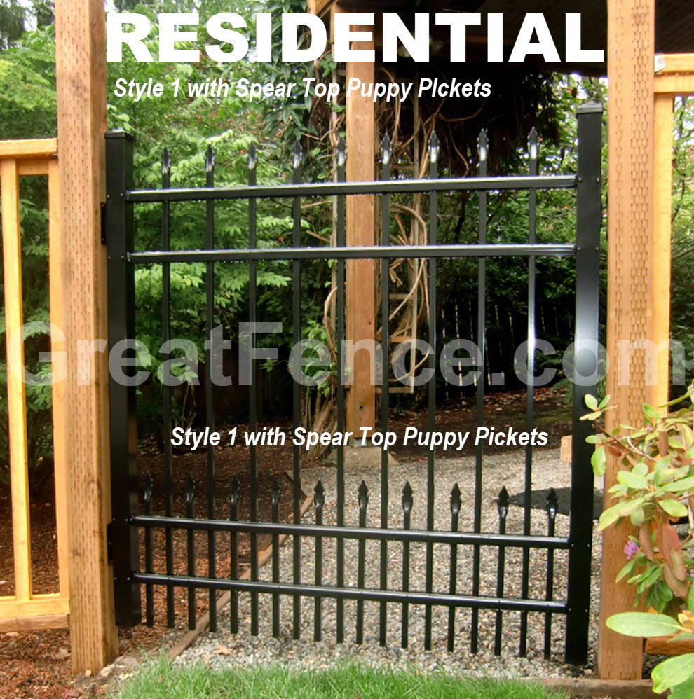 Residential Aluminum Single Gate STYLE 1 with spear top puppy pickets, bronze