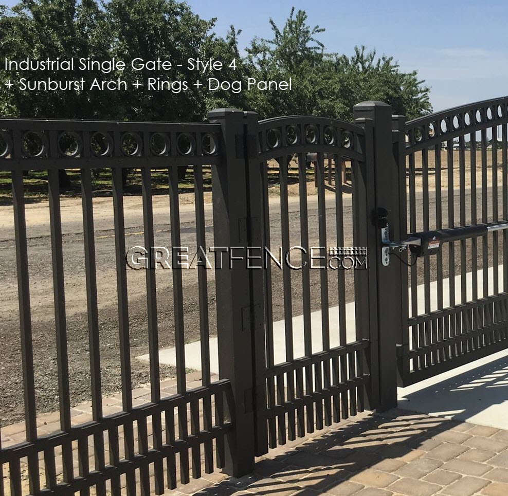 Industrial Single Gate - Style 4 with sunburst arch, rings and flat top short pickets / puppy pickets