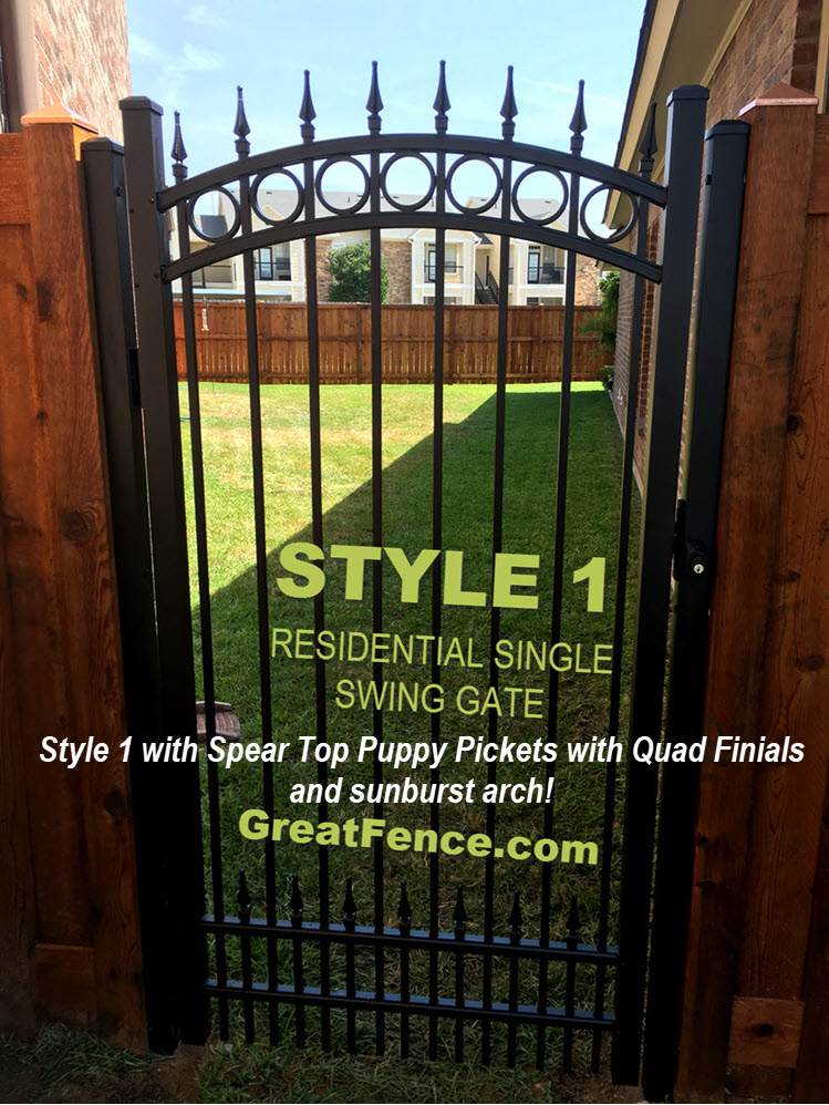 Residential Aluminum Single Gate with sunburst arch and puppy pickets with quad finials