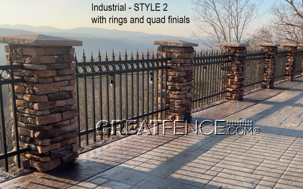 Industrial Aluminum Fence Panels - STYLE 2 with rings and quad finials