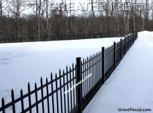 Residential Aluminum Fence - STYLE 2 with spear top puppy pickets in snow