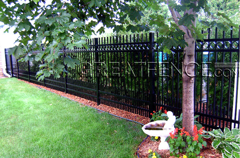 Residential Aluminum Fence with rings, flat black plugs and spear top puppy pickets with flat black plugs