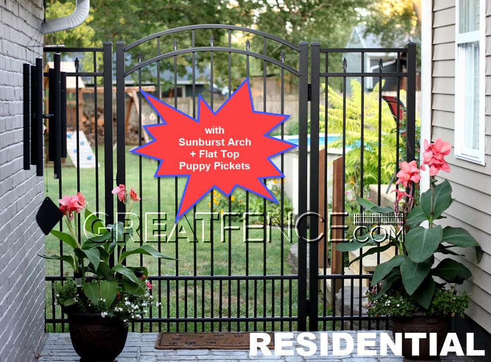 arched aluminum gate STYLE 3 with sunburst arch and flat top puppy pickets