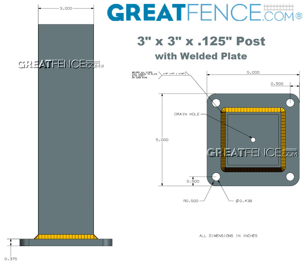 Shop Drawing: 3" x 3" aluminum post with welded plate