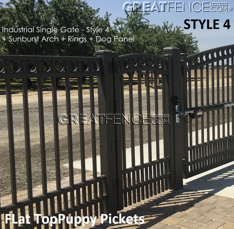 Industrial Aluminum Single Gate - STYLE 4 with sunburst arch, rings and flat top puppy pickets