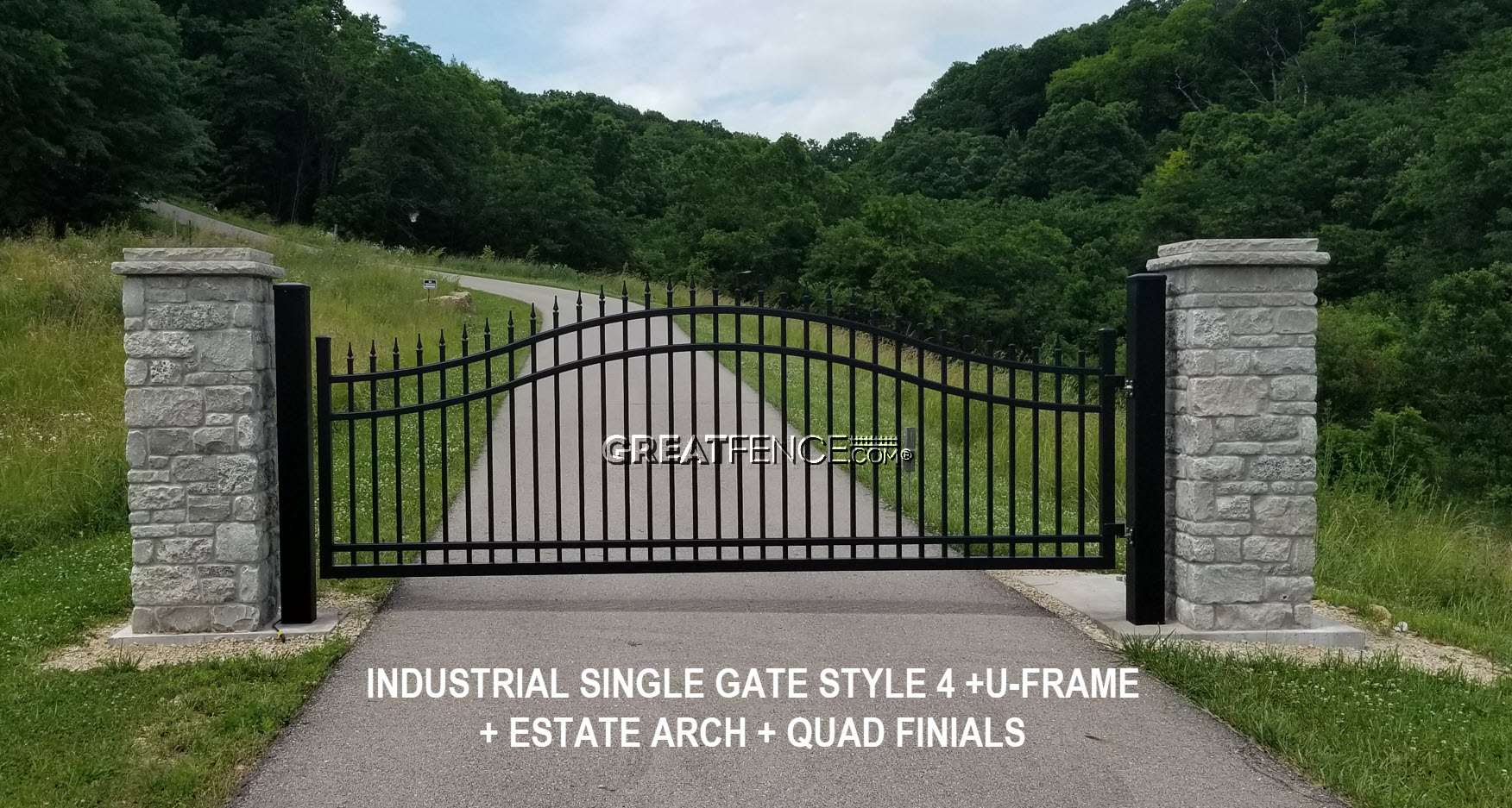 Industrial Aluminum Single Gate + U-FRAME with estate arch and quad finials