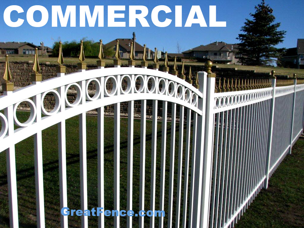 White commercial aluminum gate with rings and sunburst arch