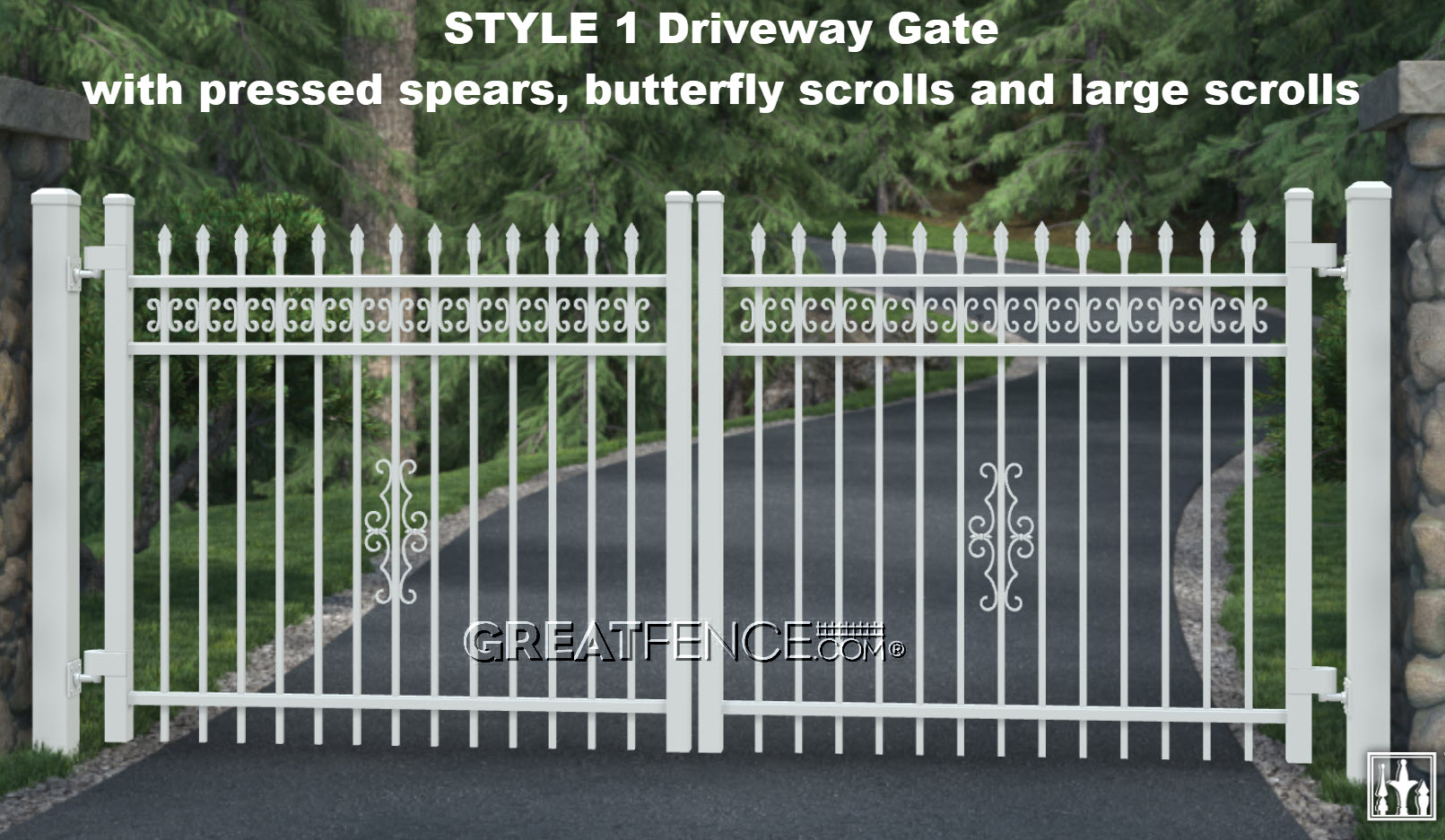 Aluminum Driveway Gate - STYLE 1 with butterfly scrolls and large scrolls