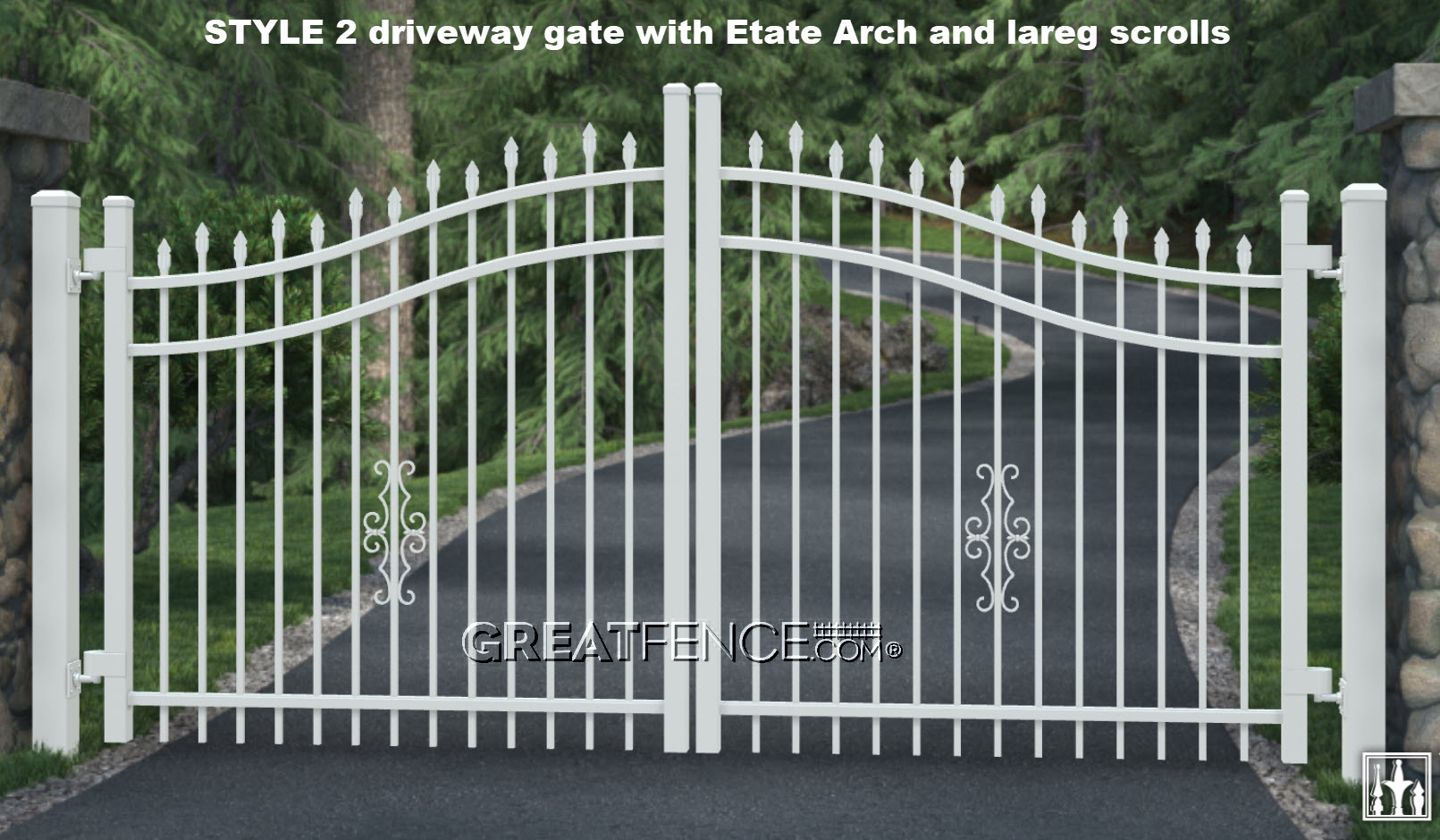 Aluminum Driveway Gate - STYLE 2 with estate arch and large aluminum scrolls