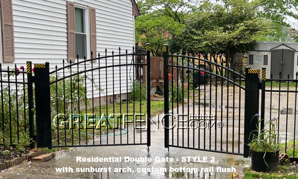 Residential Aluminum Double Gate - STYLE 2 with sunburst arch and custom bottom rail flush