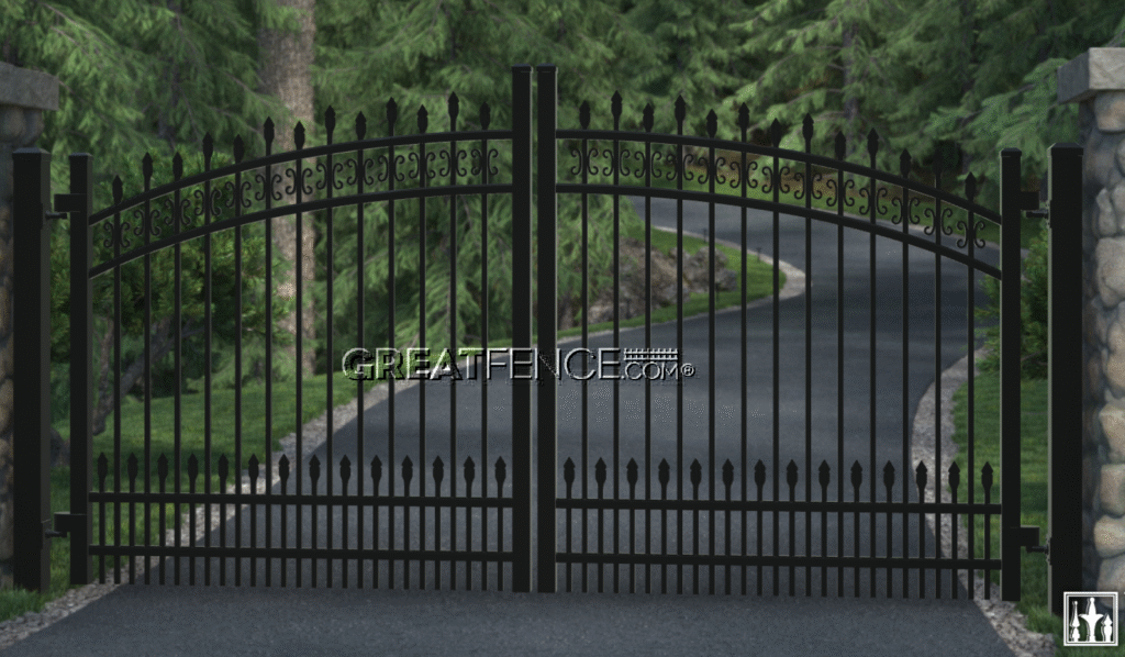 esidential arched aluminum driveway gate in black with butterfly scrolls and spear top puppy pickets by GreatFence.com