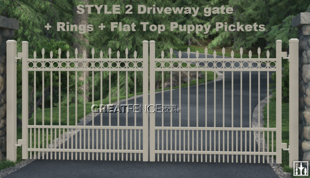 Residential Style 2 aluminum driveway gate in khaki satin with rings and flat top puppy pickets from GreatFence.com