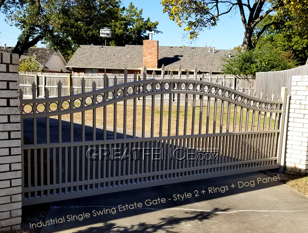 Industrial Aluminum Single Gate with estate arch, rings, flat top puppy pickets and u-frame