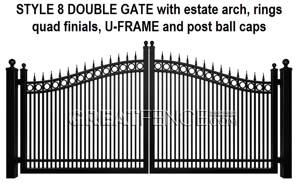 Aluminum Double - Gate with estate arch, rings, quad finials and U-FRAME