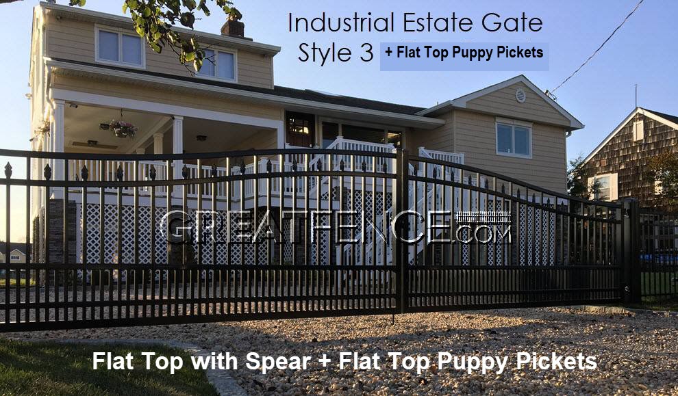 Industrial Aluminum Gate - STYLE 3 with estate arch and flat top puppy pickets