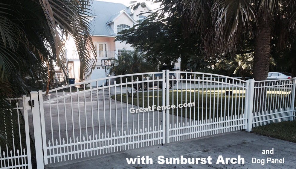 White Commercial Aluminum Double Gate with sunburst arch and spear top puppy pickets with designer pressed spears