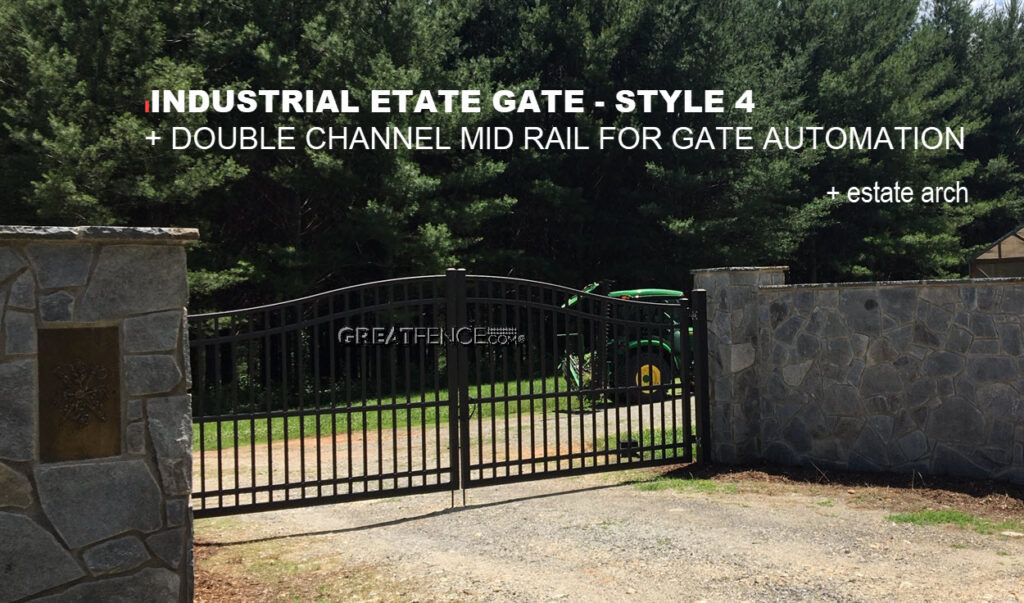 Black Industrial Aluminum Double Gate - STYLE 4 with estate arch, premium operator rail and U-FRAME