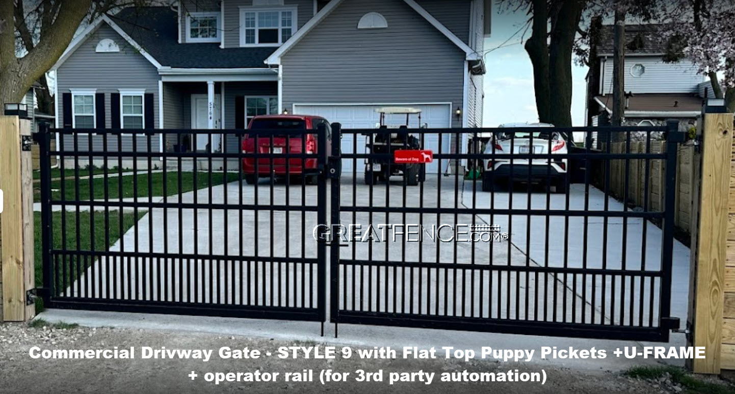 Commercial Aluminum Driveway Gate with Flat Top Puppy Pickets, U-FRAME and operator rail