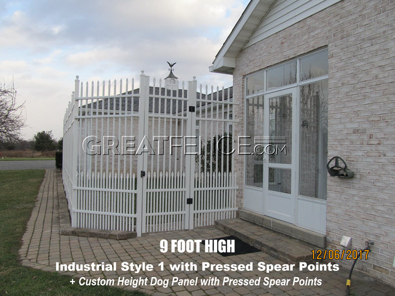 White-Industrial-Fence-Gate-with-spear-top-puppy-pickets-greatfence-2024 White Industrial Aluminum Fence and Gate with 24" high spear top puppy pickets