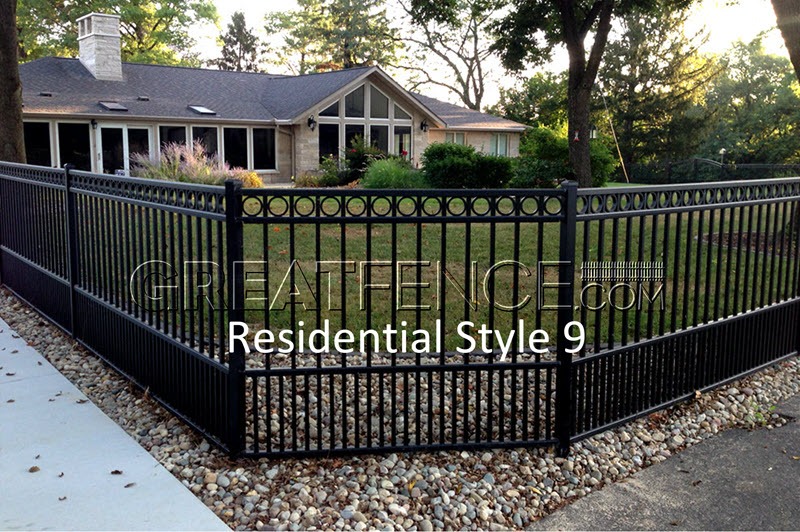 Residential Aluminum Fence - STYLE 9 with rings and flat top puppy pickets