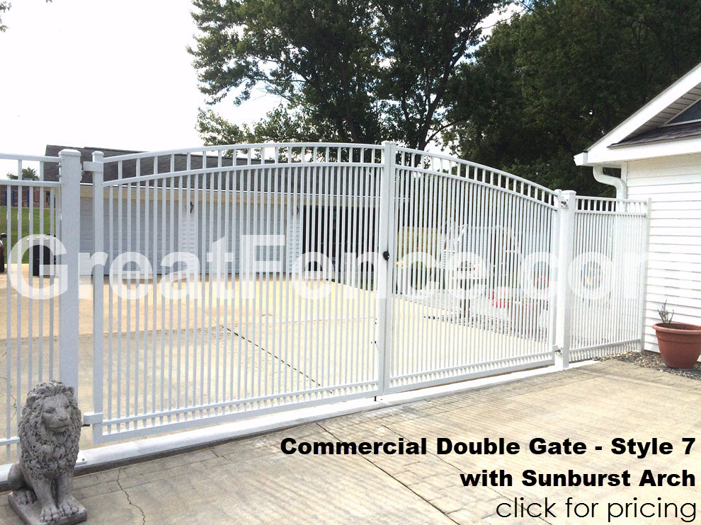 Commercial aluminum driveway gate with sunburst arch in white - Style 7 with close vertical pickets