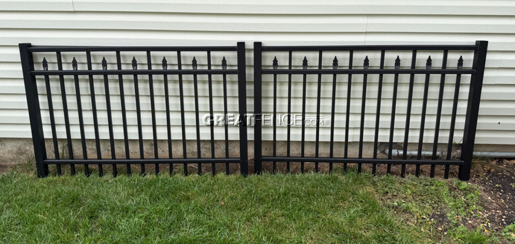 unboxed commercial aluminum double-swing driveway gate - Style 3 in black with pressed spears