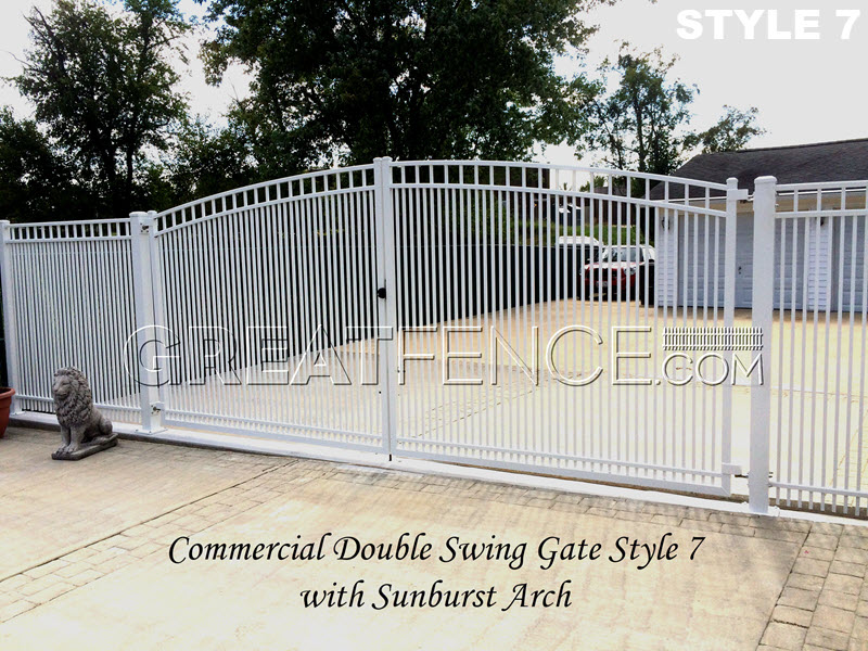 commercial-arched-aluminum-double-gate-style-7-white-greatfence-2024 White Commercial Aluminum Double Gate - STYLE 7 with sunburst arch