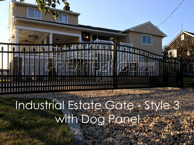 large industrial aluminum double gate - STYLE 3 with estate arch and flat top puppy pickets