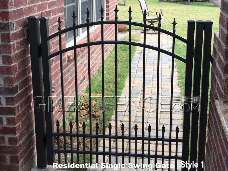 Residential Single Gate - STYLE 1 with Tri Finials, Sunburst Arch and spear top puppy pickets with pressed spears