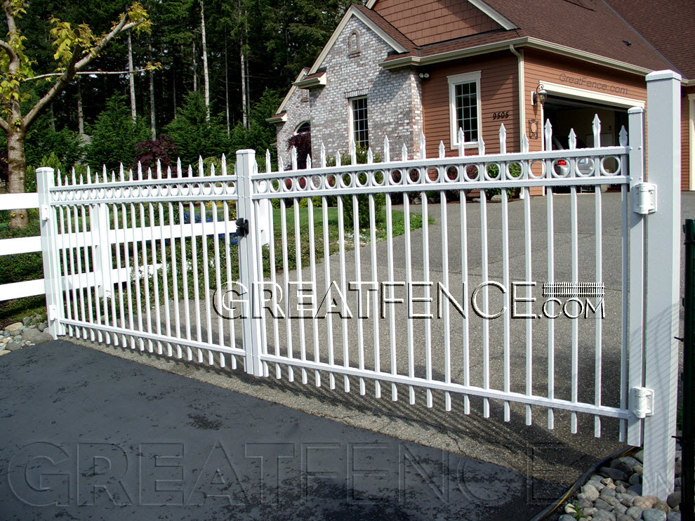 Commercial aluminum driveway gate Style 2 with rings in white powder coat finish