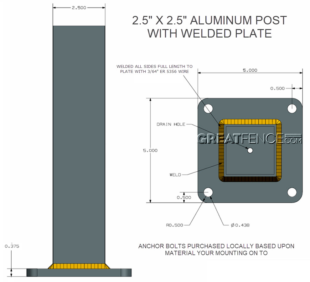 Shop Drawing: 2.5" x 2.5" Aluminum Post with welded plate