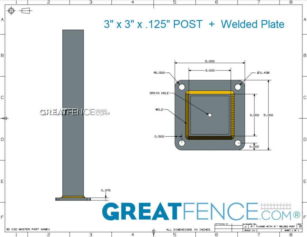 Shop Drawing: 3" x 3" Aluminum Post with welded flange.