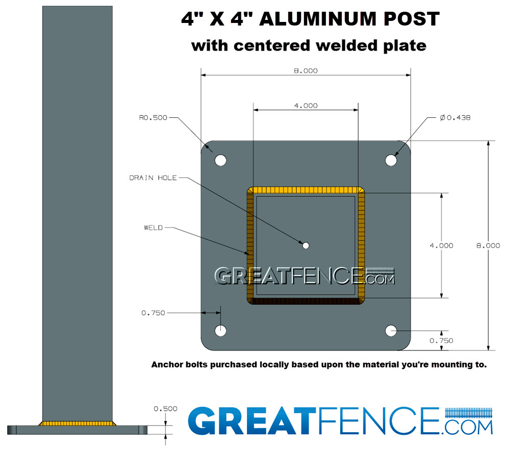 Shop Drawing: 4" x 4" aluminum post with welded plate.