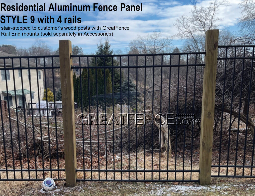 Residential Aluminum Fence Panel - STYLE 9 with 4 rails, stair-stepped using aluminum rail end mounts.