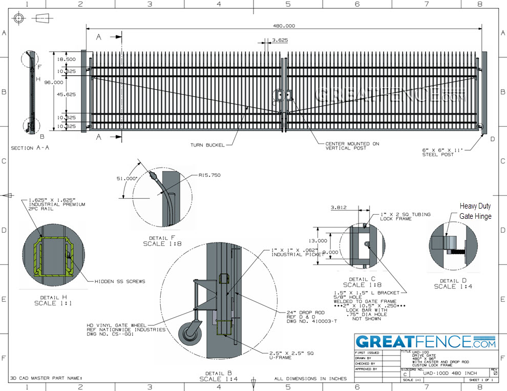 Shop Drawing: Industrial Aluminum Curved Picket High Security Driveway Gate