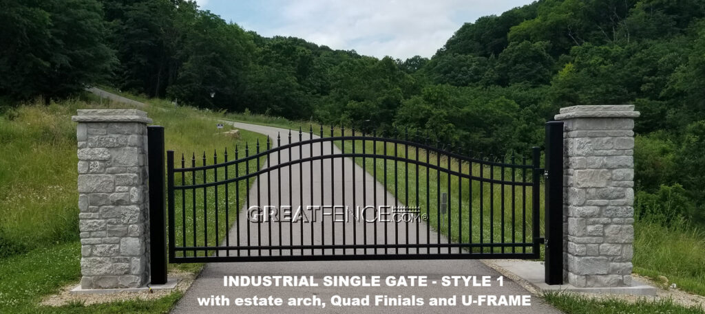 INDUSTRIAL SINGLE GATE: STYLE 1 with estate arch, quad finials and U-FRAME