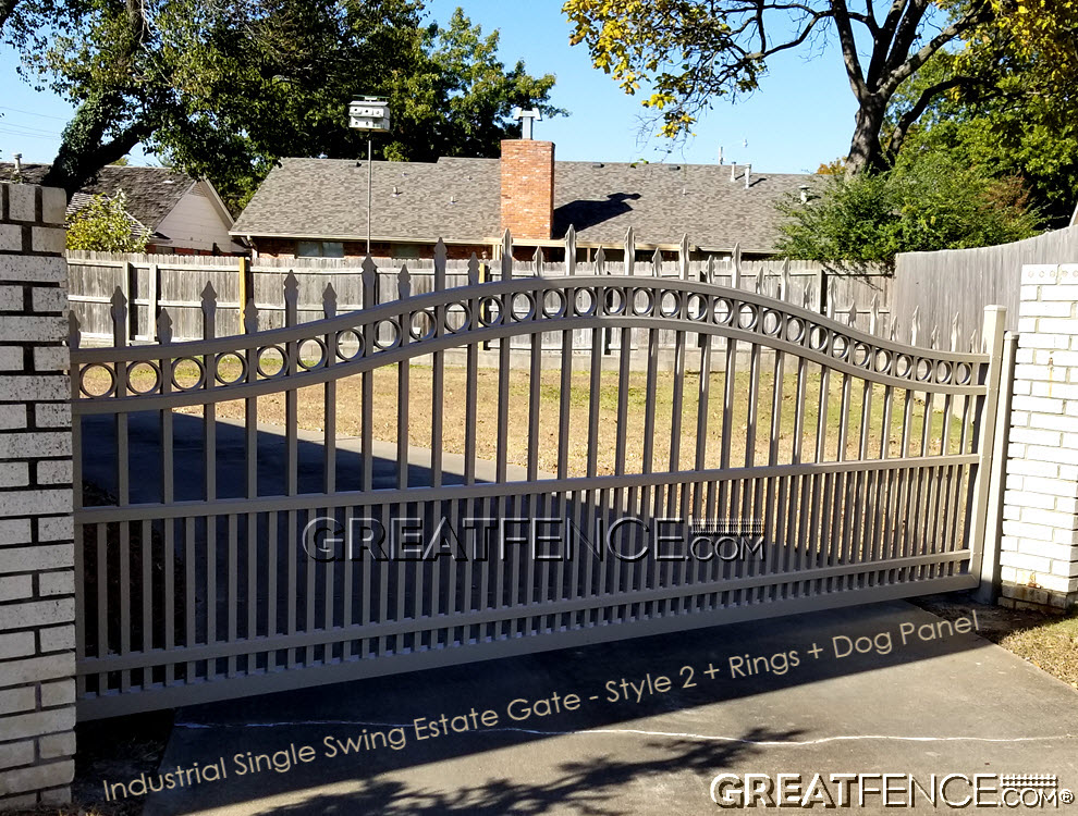 2025 industrial single gate with estate arch, rings and flat top puppy pickets