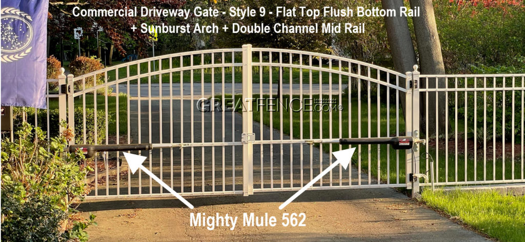 Commercial Aluminum Driveway Gate with sunburst arch and MightyMule 562 installed.